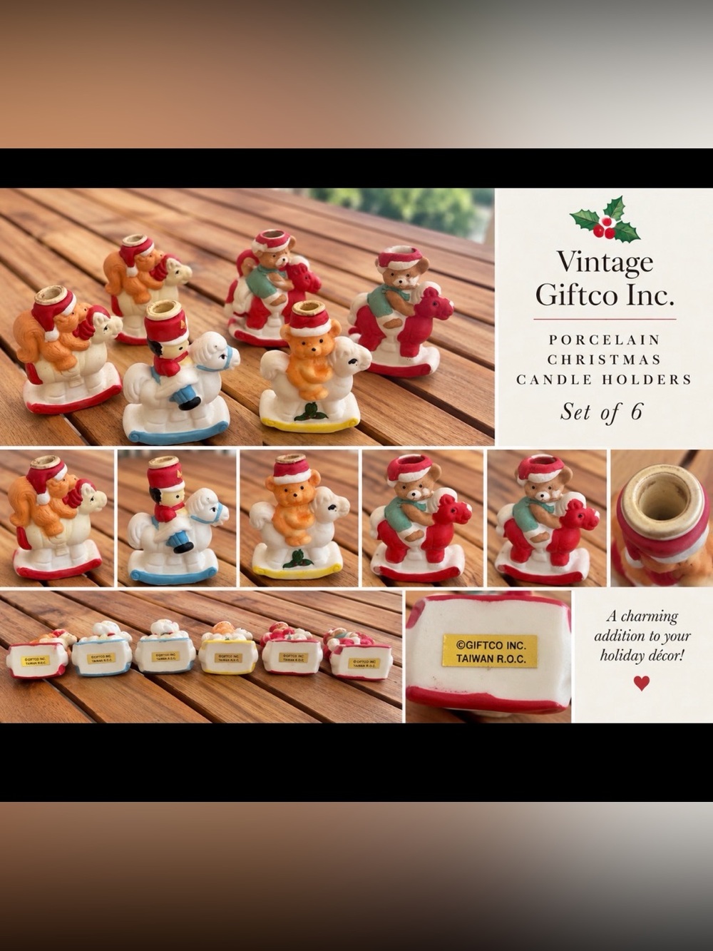 Vintage Porcelain Christmas Candle Holders - Set of 6 (Red, White, Green)
